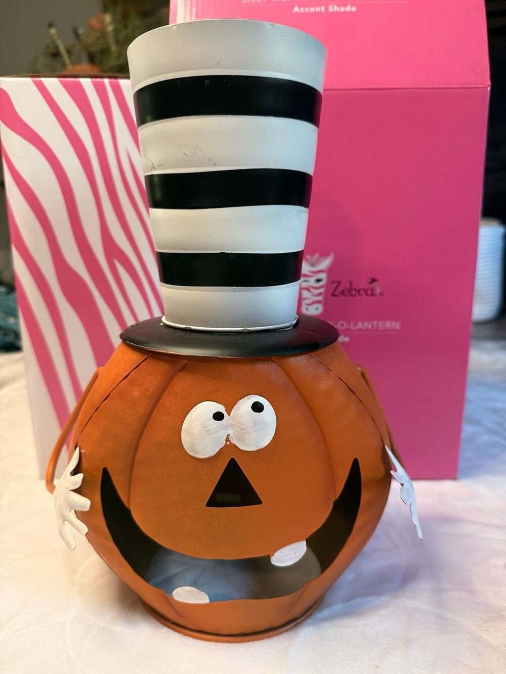 Pink Zebra Silly Metal Jack-O-Lantern Accent Shade